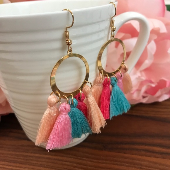 Bohemian Gold Dangle Earrings Multi Colored Tassel - Picture 3 of 5